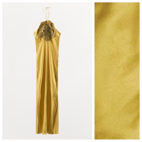 NWT. Zara Olive Green Satin Effect Long Dress with Embossed Flower. Size XS. - Picture 8 of 13